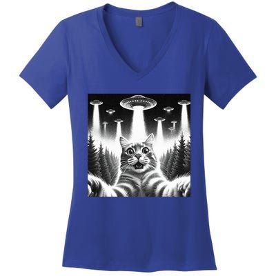 Scared Cat Selfie with UFOs Women's V-Neck T-Shirt