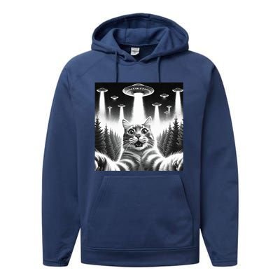 Scared Cat Selfie with UFOs Performance Fleece Hoodie