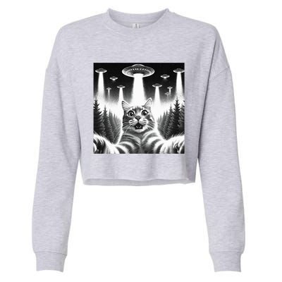 Scared Cat Selfie with UFOs Cropped Pullover Crew