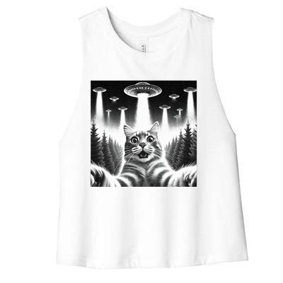 Scared Cat Selfie with UFOs Women's Racerback Cropped Tank