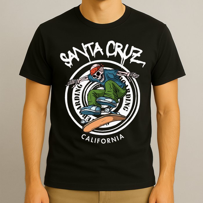 Santa Cruz Skater Laid Back California Skeleton Skateboarder T-Shirt