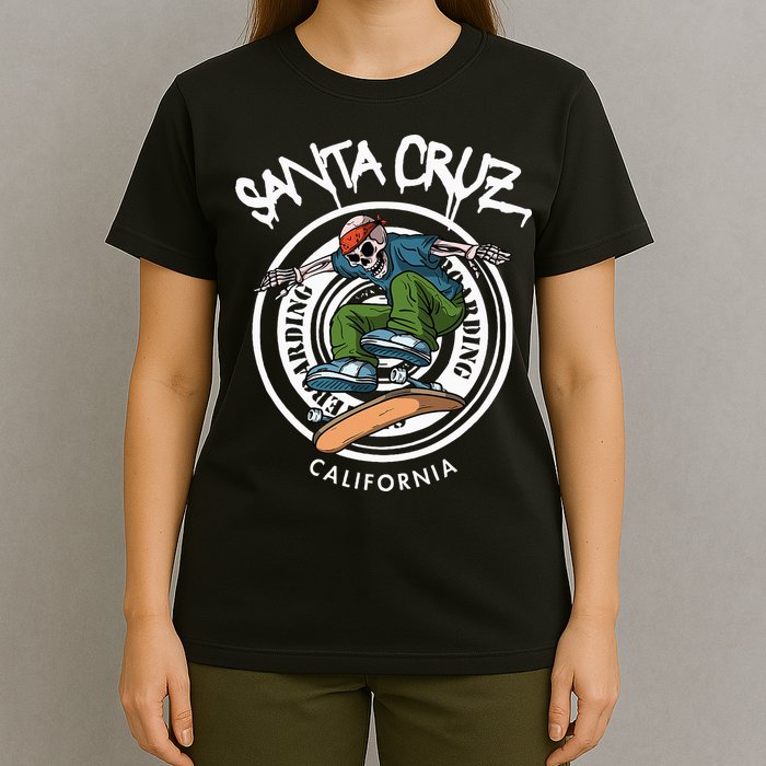 Santa Cruz Skater Laid Back California Skeleton Skateboarder T-Shirt