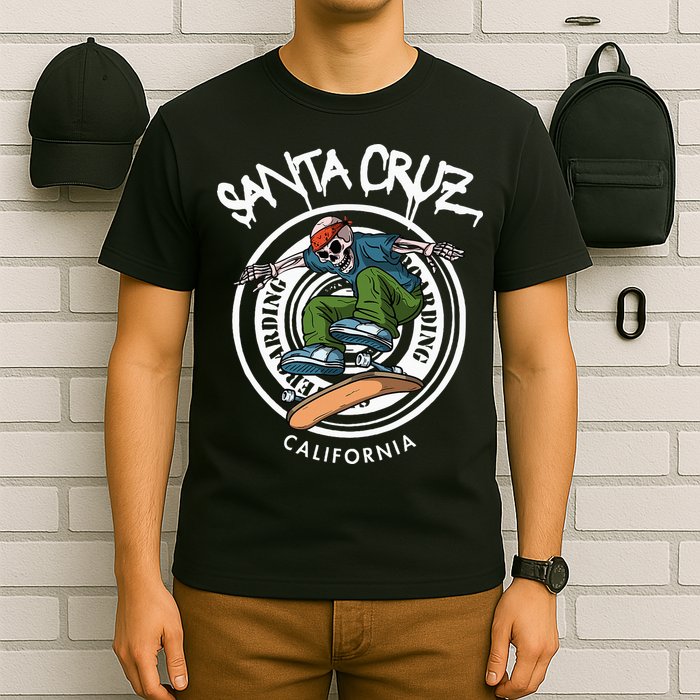 Santa Cruz Skater Laid Back California Skeleton Skateboarder T-Shirt