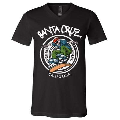 Santa Cruz Skater Laid Back California Skeleton Skateboarder V-Neck T-Shirt