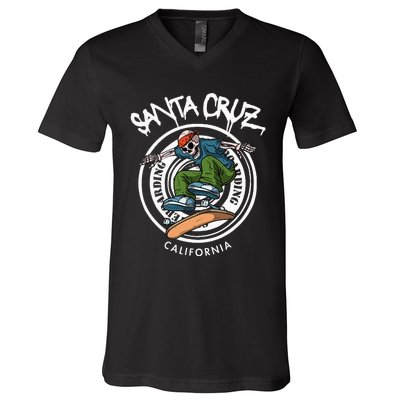 Santa Cruz Skater Laid Back California Skeleton Skateboarder V-Neck T-Shirt