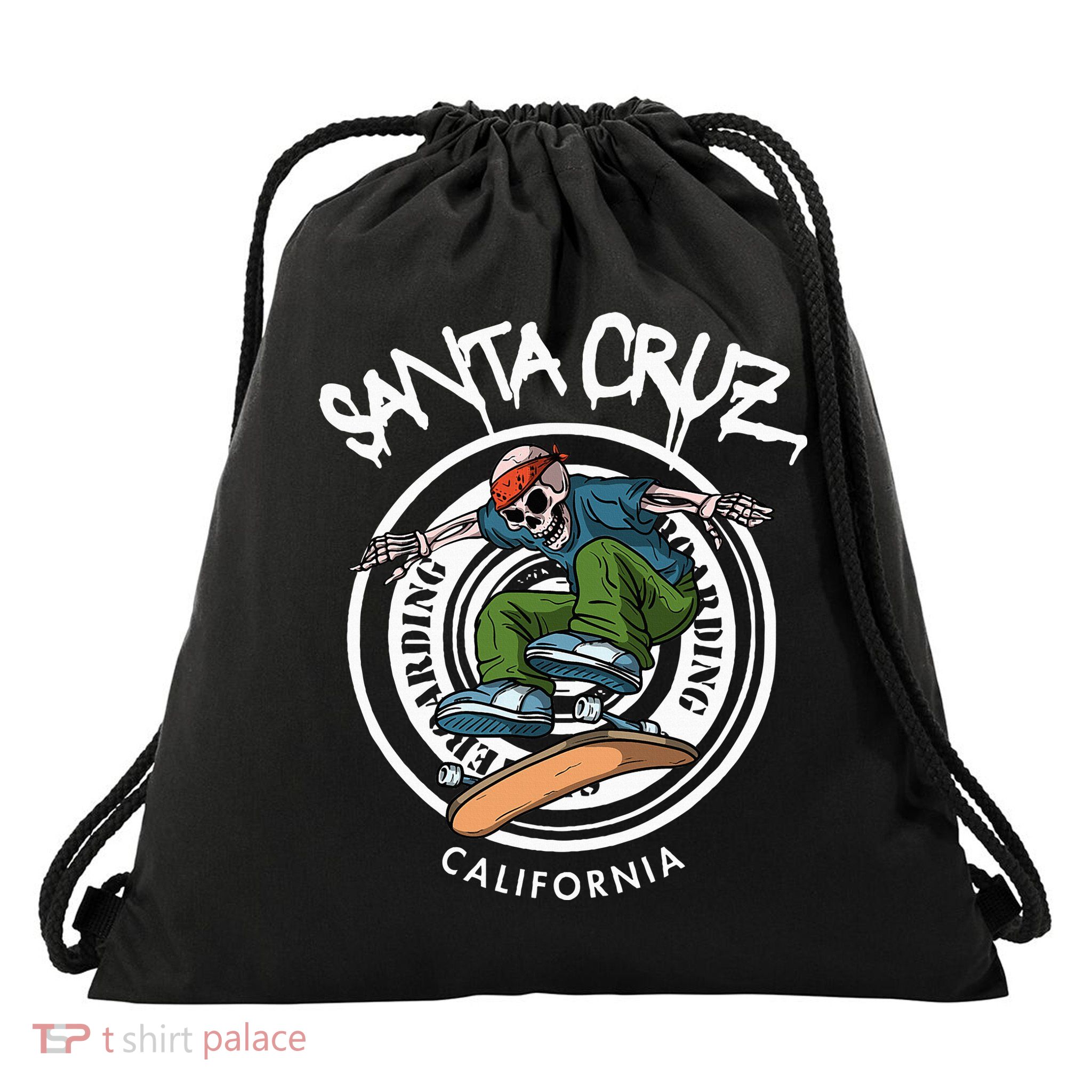 Santa Cruz Skater Laid Back California Skeleton Skateboarder Drawstring Bag