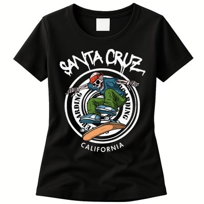 Santa Cruz Skater Laid Back California Skeleton Skateboarder Womens T-Shirt