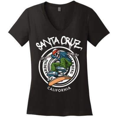 Santa Cruz Skater Laid Back California Skeleton Skateboarder Women's V-Neck T-Shirt