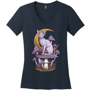 Sphynx Cat Sitting On Mushroom Beneath Moon Women's V-Neck T-Shirt