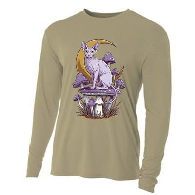 Sphynx Cat Sitting On Mushroom Beneath Moon Cooling Performance Long Sleeve Crew