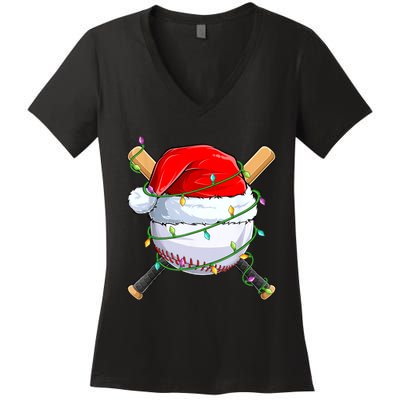 Santa Christmas Sports Women Christmas Baseball Player Women's V-Neck T-Shirt