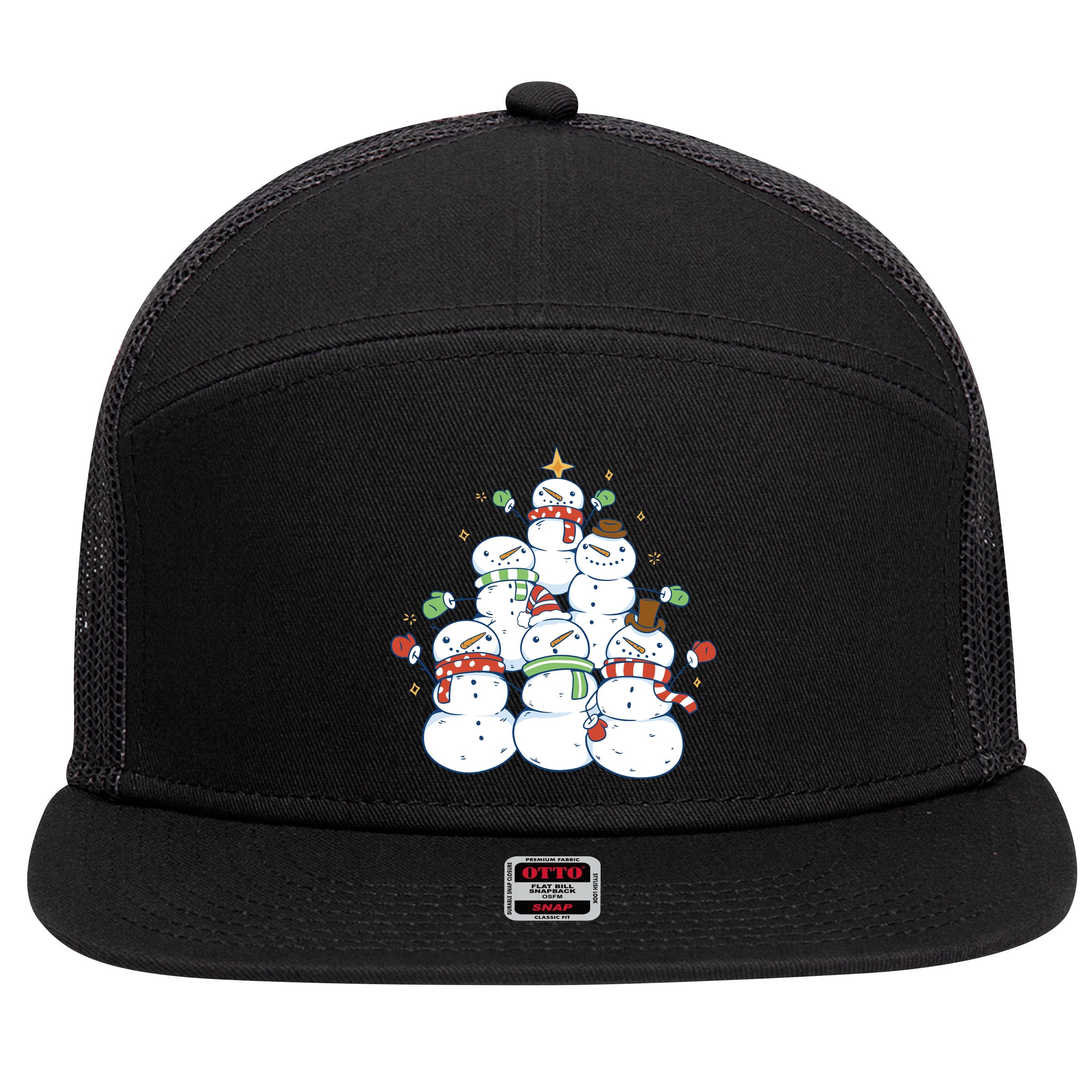 Snowman Christmas Tree Cute Holiday 7 Panel Mesh Trucker Snapback Hat