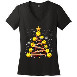 Softball Christmas Tree Light Xmas Softball Girl Women's V-Neck T-Shirt