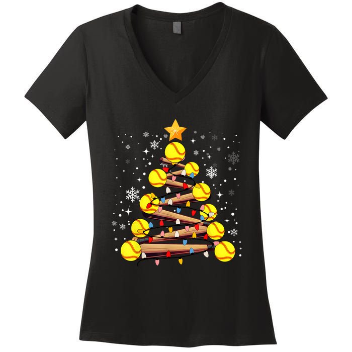 Softball Christmas Tree Light Xmas Softball Girl Women's V-Neck T-Shirt