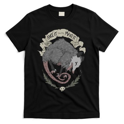 Street Cats Team Trash Racoon Rat Backyard Animal Opossum I Funny Dead Possum Fake It Till You Make T-Shirt