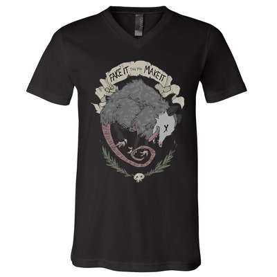 Street Cats Team Trash Racoon Rat Backyard Animal Opossum I Funny Dead Possum Fake It Till You Make V-Neck T-Shirt