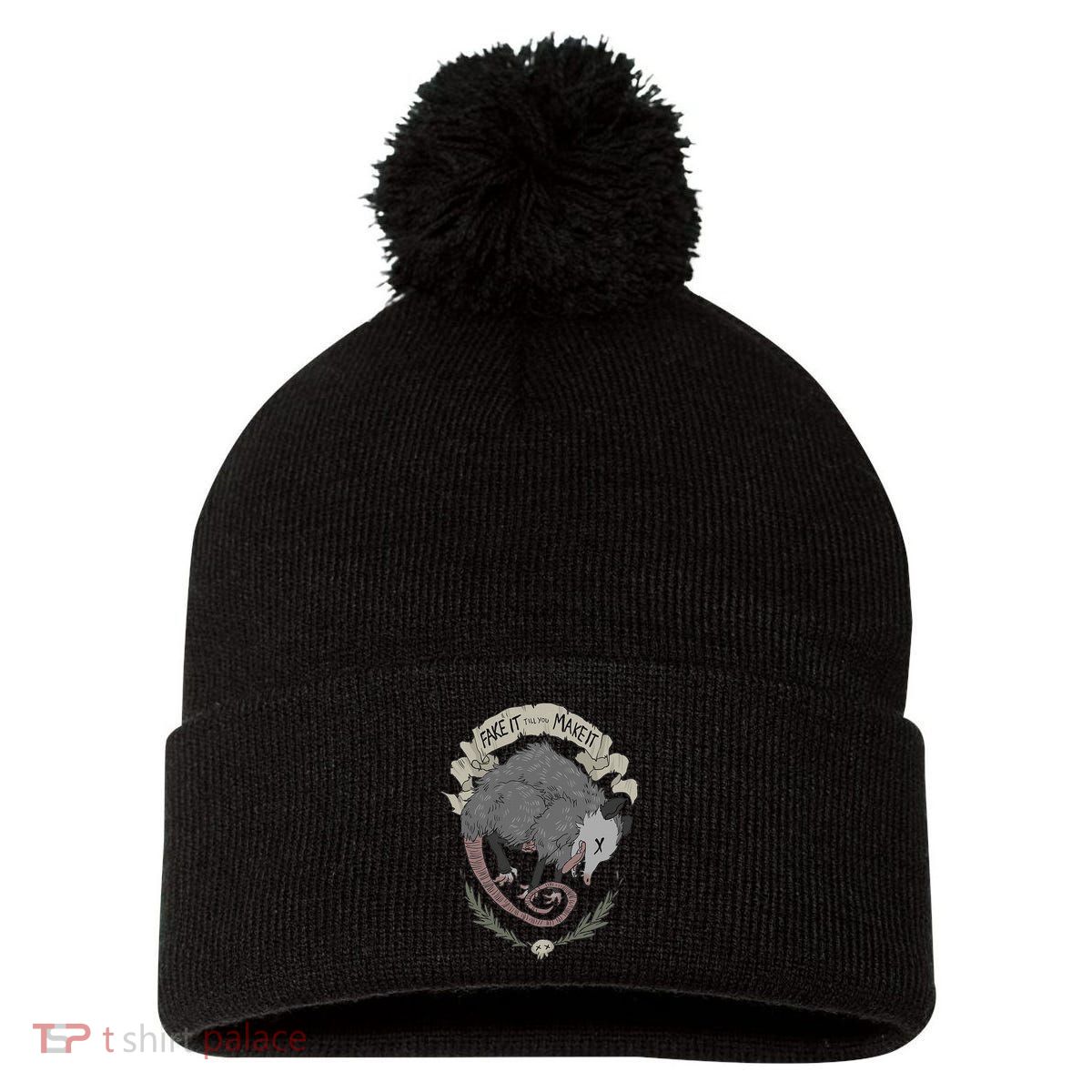 Street Cats Team Trash Racoon Rat Backyard Animal Opossum I Funny Dead Possum Fake It Till You Make Pom Pom 12in Knit Beanie