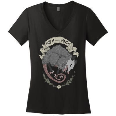 Street Cats Team Trash Racoon Rat Backyard Animal Opossum I Funny Dead Possum Fake It Till You Make Women's V-Neck T-Shirt