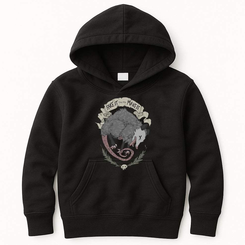 Street Cats Team Trash Racoon Rat Backyard Animal Opossum I Funny Dead Possum Fake It Till You Make Kids Hoodie