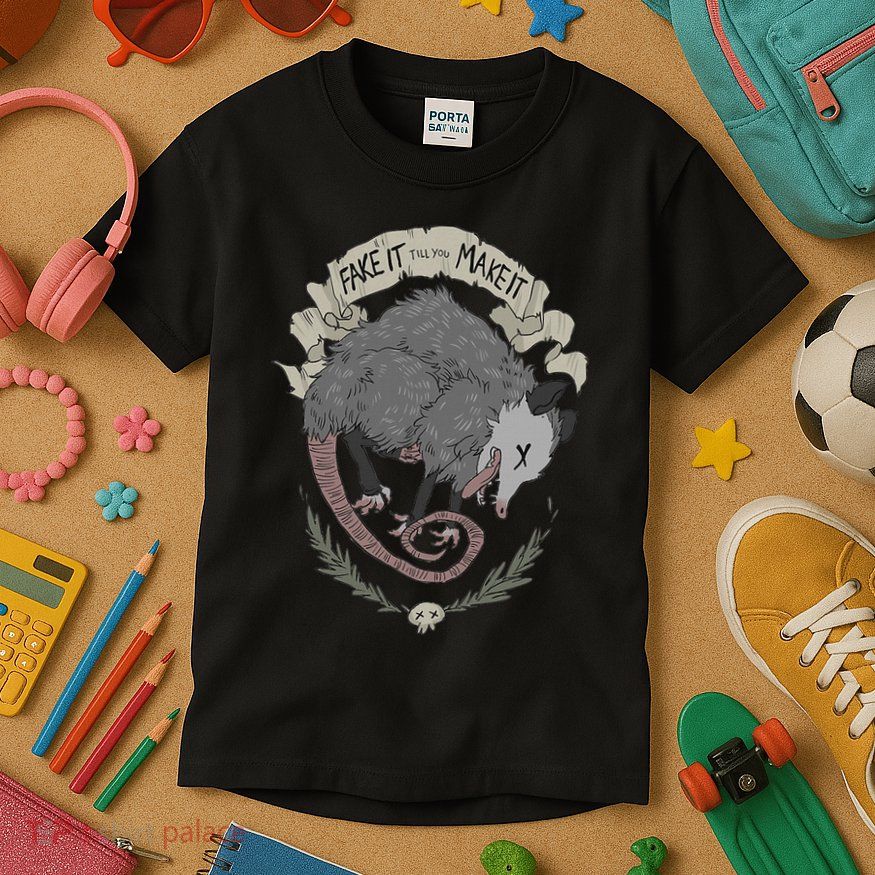 Street Cats Team Trash Racoon Rat Backyard Animal Opossum I Funny Dead Possum Fake It Till You Make Kids T-Shirt