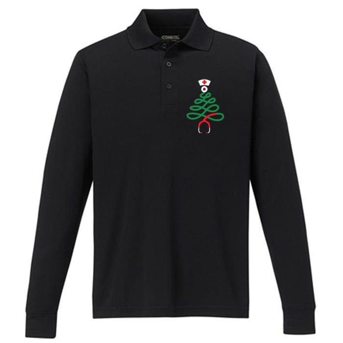 Stethoscope Christmas Tree Nursing Funny Nurse Rn Lpn Squad Performance Long Sleeve Polo