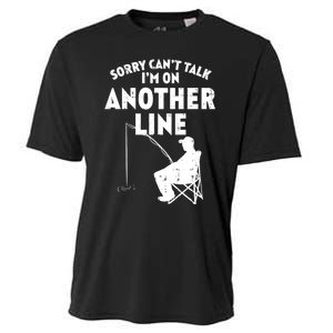 Sorry Cant Talk Another Line Funny Fishing Fisherman Angler Cooling Performance Crew T-Shirt