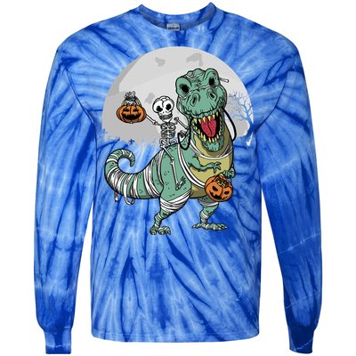 Skeleton Costume TRex Cemetery Halloween Trick Rawr Treat Funny Gift Tie-Dye Long Sleeve Shirt