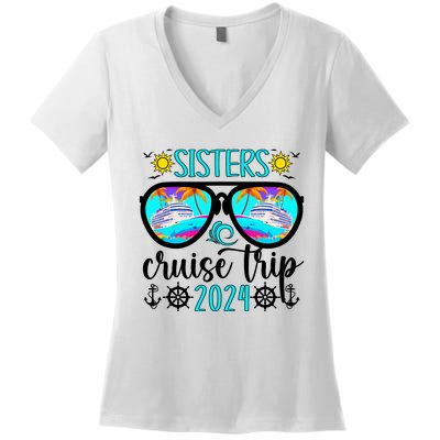 Sisters Cruise Trip 2024 Vacation Travel Sisters Cruising Women's V-Neck T-Shirt