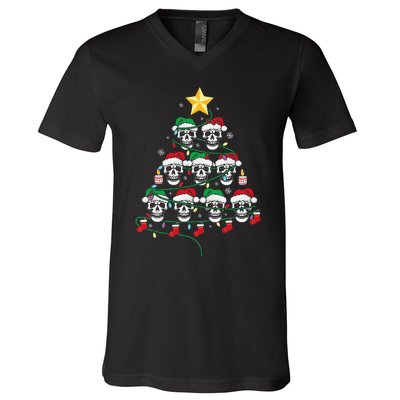 Skull Christmas Tree Pajama Cool Skeleton Santa Hat V-Neck T-Shirt