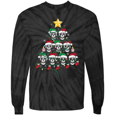 Skull Christmas Tree Pajama Cool Skeleton Santa Hat Tie-Dye Long Sleeve Shirt