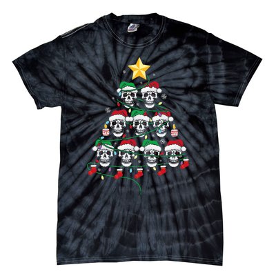 Skull Christmas Tree Pajama Cool Skeleton Santa Hat Tie-Dye T-Shirt