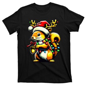 Squirrel Christmas Tree Lights Reindeer Santa Hat Xmas  T-Shirt