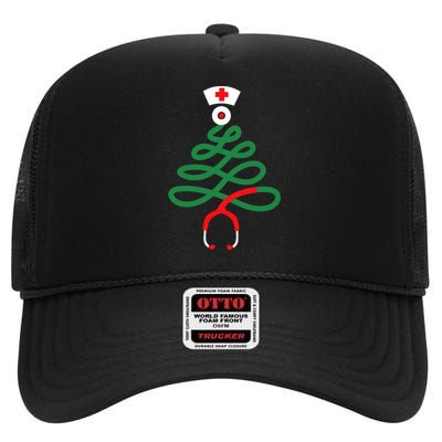 Stethoscope Christmas Tree Nursing Funny Nurse Rn Lpn Squad High Crown Mesh Back Trucker Hat