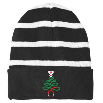 Stethoscope Christmas Tree Nursing Funny Nurse Rn Lpn Squad Striped Beanie with Solid Band