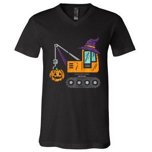 Spooky Crane Truck Pumpkin Halloween Costume V-Neck T-Shirt