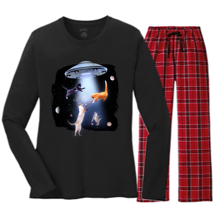 Space Cats UFO Women's Long Sleeve Flannel Pajama Set 