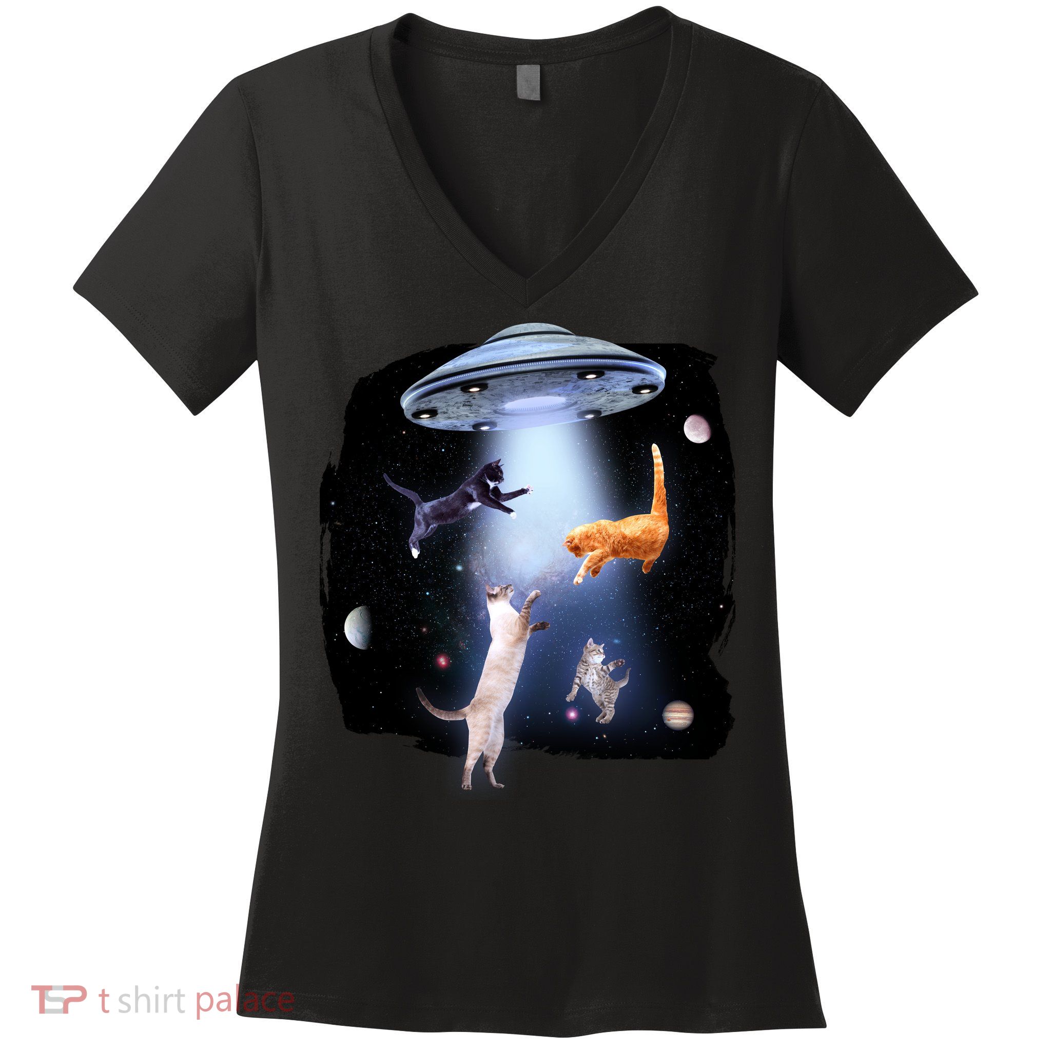 Space Cats UFO Women's V-Neck T-Shirt
