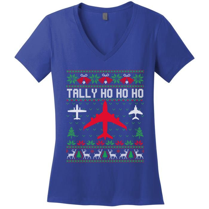 Spitfire Christmas Ugly Jumper Style Airplane Aircraft Plane Gift Women's V-Neck T-Shirt