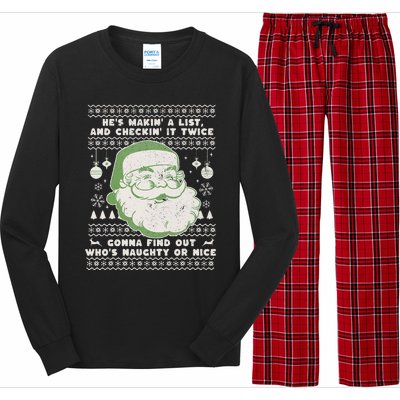 Santa Claus Ugly Xmas Sweater HeS Makin A List Lyrics Long Sleeve Pajama Set