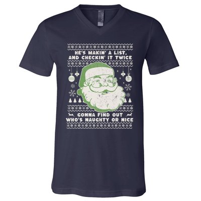 Santa Claus Ugly Xmas Sweater HeS Makin A List Lyrics V-Neck T-Shirt