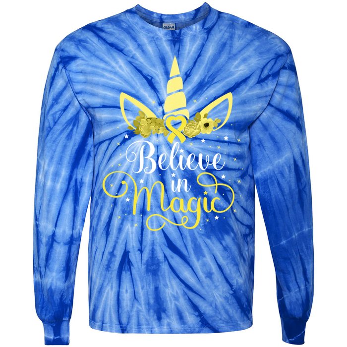 Sarcoma Cancer Unicorn Magic Yellow Ribbon Awareness Warrior Gift Tie-Dye Long Sleeve Shirt