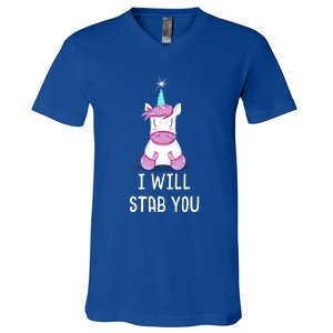 Stabby Cute Unicorn I Will Stab You Unicorn Lover Funny Gift V-Neck T-Shirt