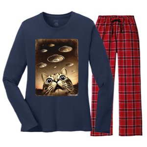 Shocked Cat Ufo Fleet Alien Women's Long Sleeve Flannel Pajama Set 