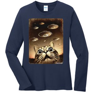 Shocked Cat Ufo Fleet Alien Ladies Long Sleeve Shirt