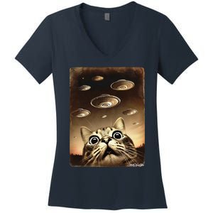 Shocked Cat Ufo Fleet Alien Women's V-Neck T-Shirt