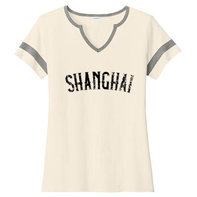 Shanghai China Vintage Black Text Apparel Ladies Halftime Notch Neck Tee