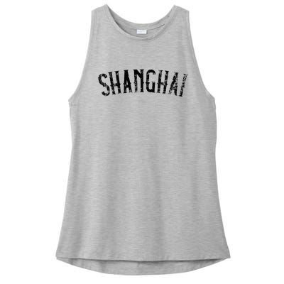 Shanghai China Vintage Black Text Apparel Ladies PosiCharge Tri-Blend Wicking Tank