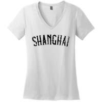 Shanghai China Vintage Black Text Apparel Women's V-Neck T-Shirt