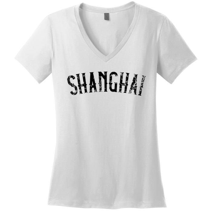 Shanghai China Vintage Black Text Apparel Women's V-Neck T-Shirt