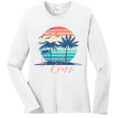 Santa Cruz Vintage Summer Vibes Beach Sunset Retro Palm Tree Ladies Long Sleeve Shirt
